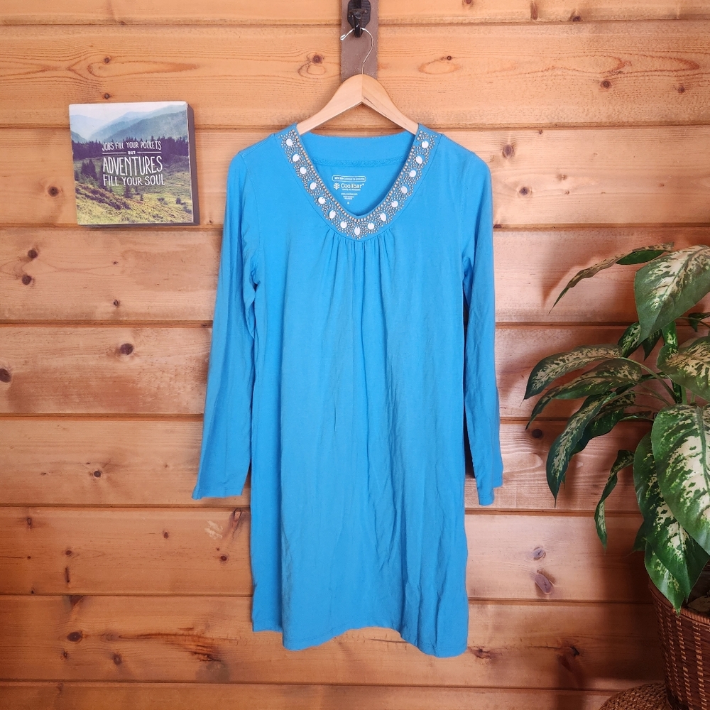 Coolibar 💜‎ Blue Beaded Tunic Shift Dress Pleated Sun UPF 50 Long Sleeve Small